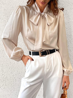 Champagne Gold Satin Bow Tied Long Sleeve Top Blouse