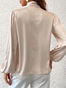 Champagne Gold Satin Bow Tied Long Sleeve Top Blouse