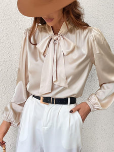 Champagne Gold Satin Bow Tied Long Sleeve Top Blouse