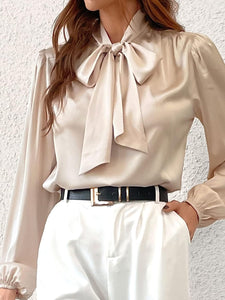 Champagne Gold Satin Bow Tied Long Sleeve Top Blouse