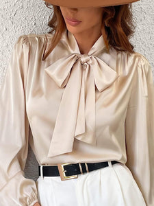 Champagne Gold Satin Bow Tied Long Sleeve Top Blouse