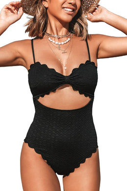 Scalloped Black Cut Out One Piece Bathing Suit