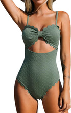Load image into Gallery viewer, Scalloped Sage Green Cut Out One Piece Bathing Suit