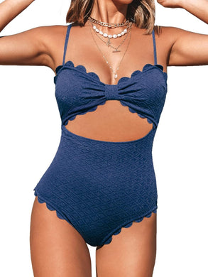 Scalloped Dark Blue Cut Out One Piece Bathing Suit