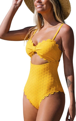 Scalloped Yellow Cut Out One Piece Bathing Suit