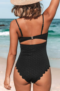 Scalloped Dark Blue Cut Out One Piece Bathing Suit