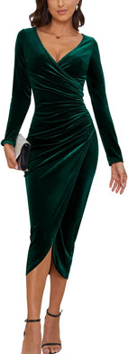 Hunter Green Cocktail Party Long Sleeve Velvet Wrap Midi Dress