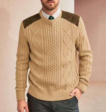 Camel Men's Suede Patchwork Cable Knit Sweater