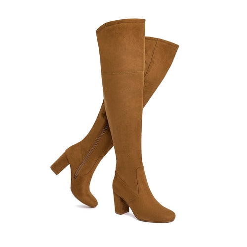 Camel Faux Suede Over The Knee Stretch Winter Boots