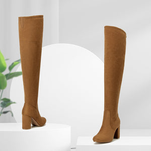 Camel Faux Suede Over The Knee Stretch Winter Boots