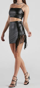 Fringe Black Faux Leather High Waist Mini Skirt