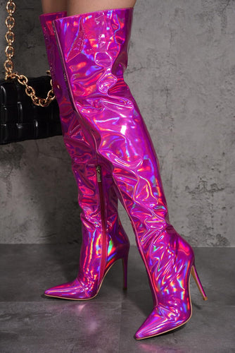 Metallic Fashion Style Pink Holographic Stiletto Over The Knee Boots