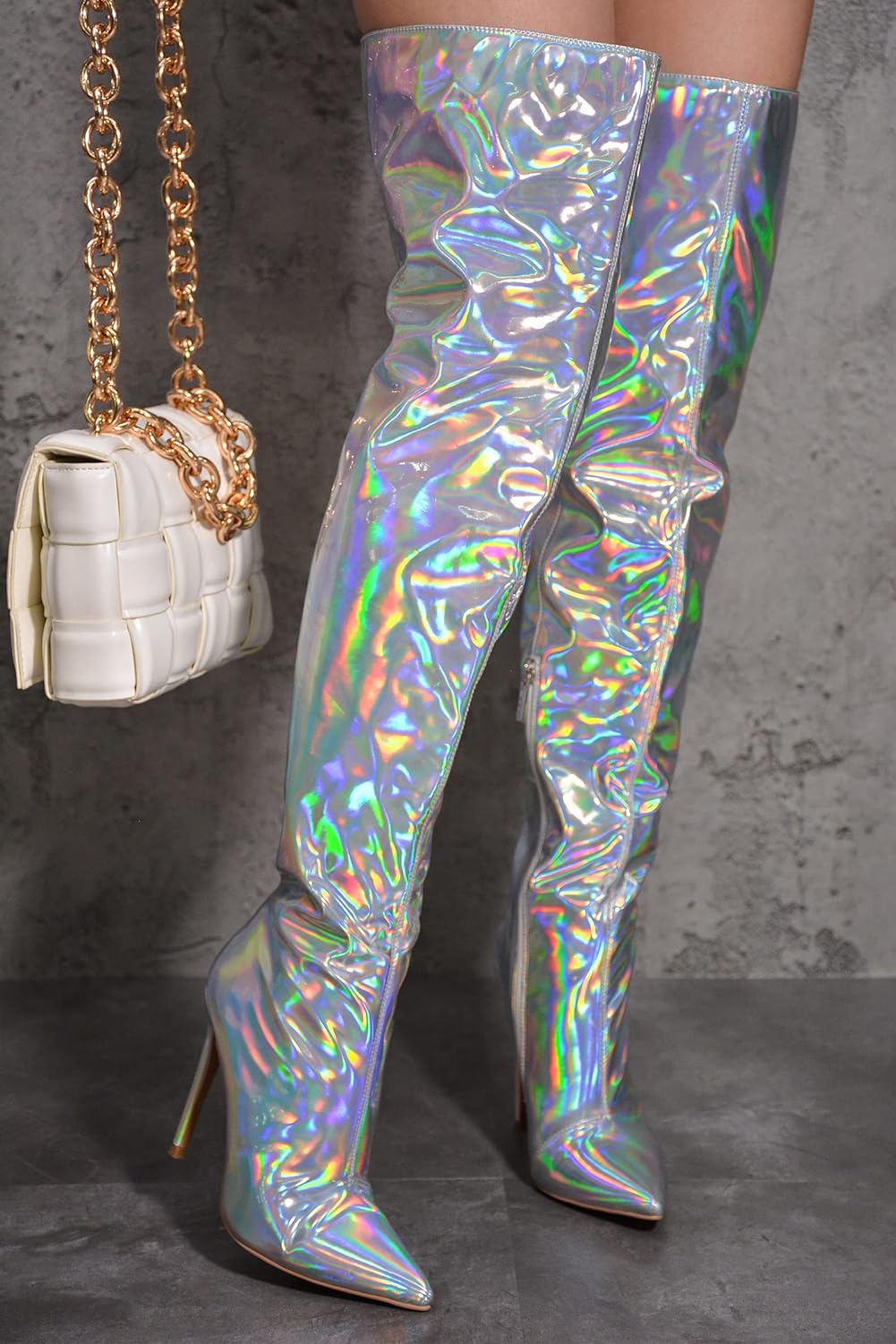 Metallic Fashion Style Silver Holographic Stiletto Over The Knee Boots