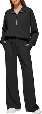 Comfy Knit Black Half Zip Long Sleeve Sweatsuit Pull Over & Pants Set