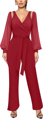 Chiffon Cut Out Long Sleeve Red Chiffon Jumpsuit