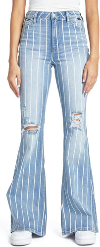 Ripped Blue Pin Striped High Waist Blue Denim Pants