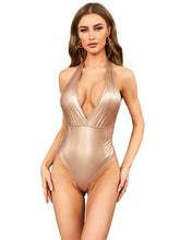 Load image into Gallery viewer, Champagne Faux Leather Deep V Neck Bodysuit