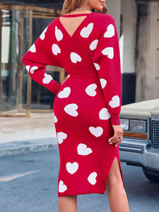 Valentines Day Hearts Knit Deep V Sweater Dress