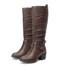 Load image into Gallery viewer, Chocolate Pu Almond Toe Faux Leather Buckle Knee High Boots