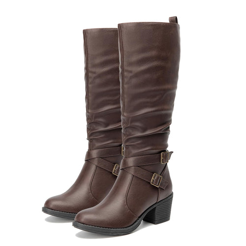 Chocolate Pu Almond Toe Faux Leather Buckle Knee High Boots