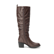 Load image into Gallery viewer, Chocolate Pu Almond Toe Faux Leather Buckle Knee High Boots