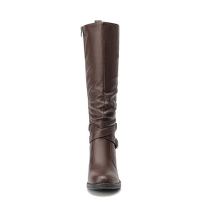 Chocolate Pu Almond Toe Faux Leather Buckle Knee High Boots