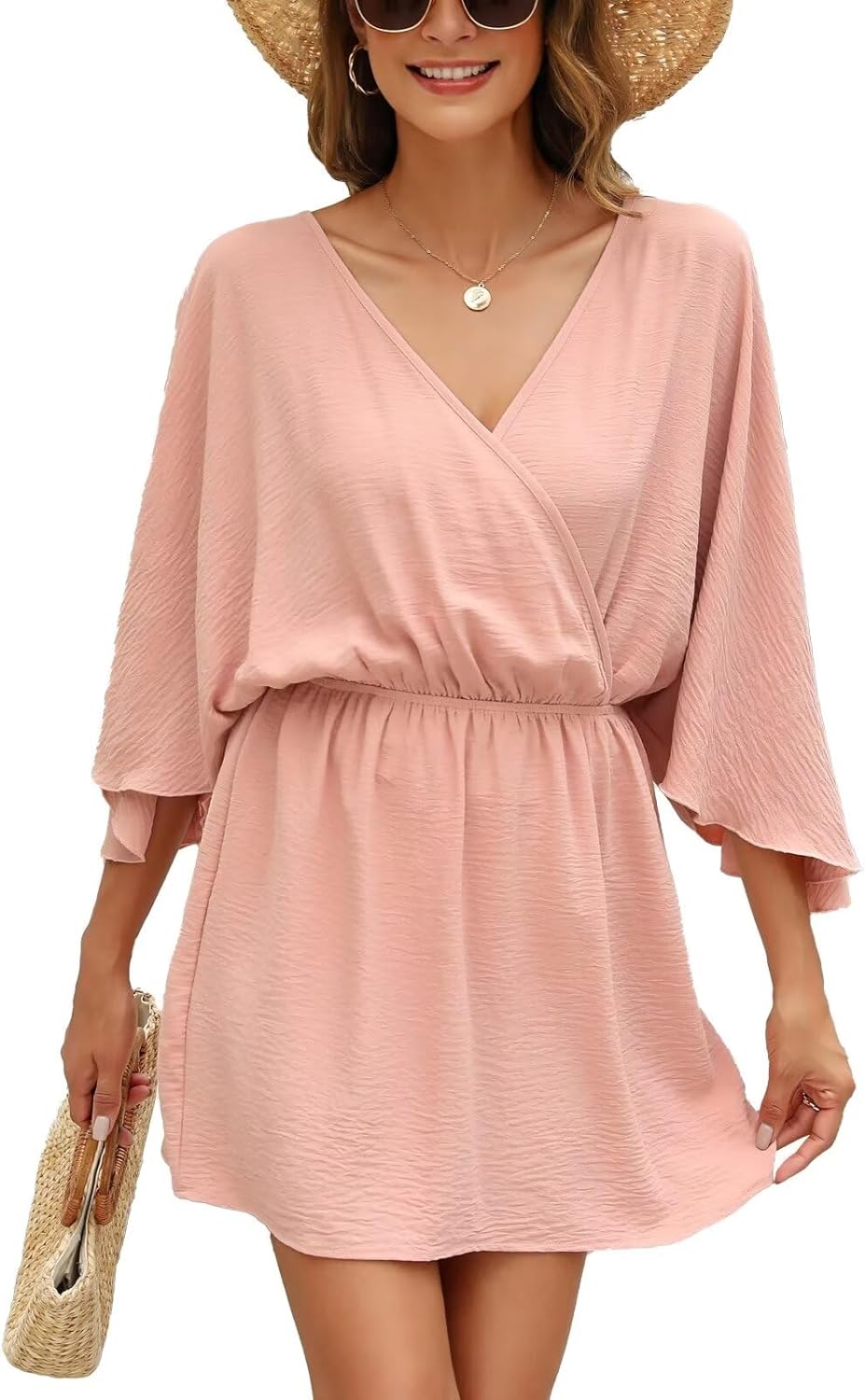 Beach Summer Pink Deep V Batwing Mini Dress