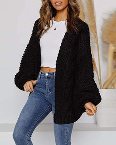 Boho Brown Textured Open Front Long Sleeve Sweater