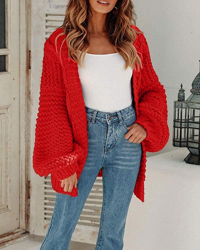 Boho Orange Textured Open Front Long Sleeve Sweater