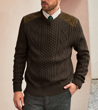Load image into Gallery viewer, Men&#39;s Suede Patchwork Brown Cable Knit Sweater