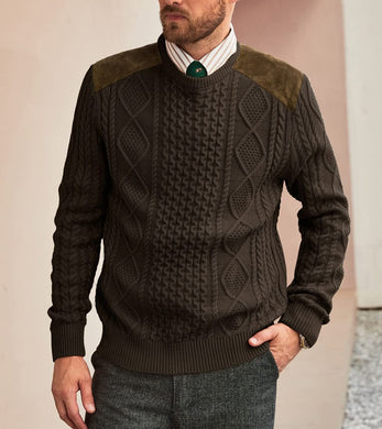 Men's Suede Patchwork Brown Cable Knit Sweater