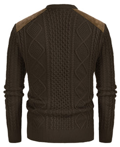 Men's Suede Patchwork Brown Cable Knit Sweater