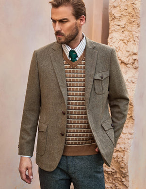Men's British Pocket Brown Tweed Wool Long Sleeve Blazer