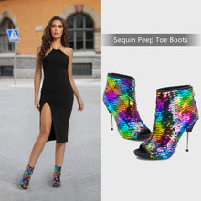 Load image into Gallery viewer, Multicolour Sequined Stiletto Glitter Open Toe Ankle Booties