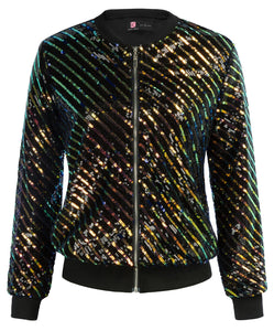 Color Gradient Sequin Embellished Bomber Long Sleeve Jacket