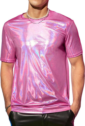 Men's Pink Sparkling Short Sleeve Metallic Shirt