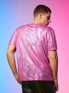 Men's Pink Sparkling Short Sleeve Metallic Shirt