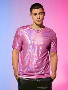 Men's Pink Sparkling Short Sleeve Metallic Shirt
