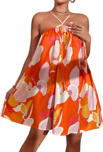 Resort Style Orange Floral Halter Sleeveless Cami Dress