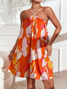 Resort Style Orange Floral Halter Sleeveless Cami Dress