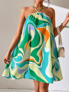 Resort Style Green Floral Halter Sleeveless Cami Dress