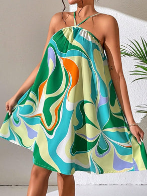 Resort Style Green Floral Halter Sleeveless Cami Dress