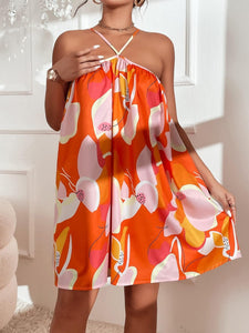 Resort Style Orange Floral Halter Sleeveless Cami Dress