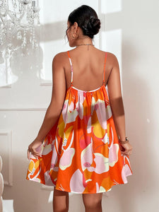 Resort Style Orange Floral Halter Sleeveless Cami Dress