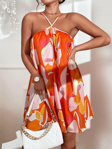 Resort Style Orange Floral Halter Sleeveless Cami Dress