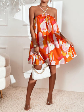 Resort Style Orange Floral Halter Sleeveless Cami Dress