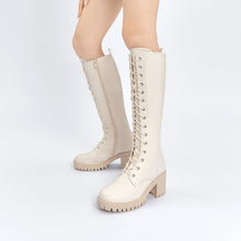 Load image into Gallery viewer, Stylish Creamy Beige Chunky Lace Up Knee High Boots