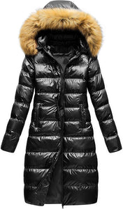 Faux Fur Hooded Navy Blue Winter Puffer Style Long Coat