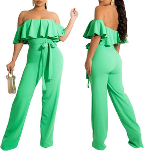 Ruffles Off Shoulder Mint Green Belted Jumpsuit