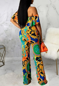 Luxury Green Chain Print Off Shoulder Jumpsuit